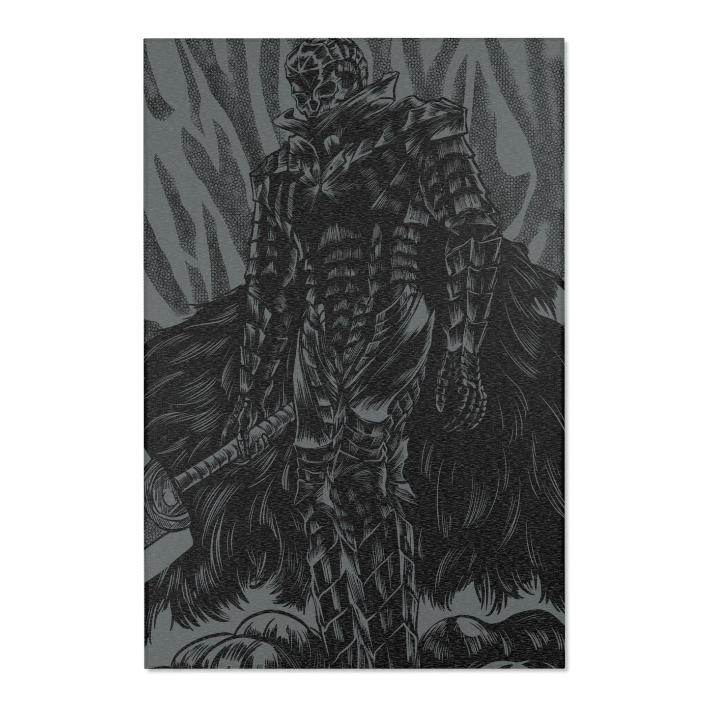 A rectangular area rug with a monochrome design featuring a character in armor standing amidst flames.