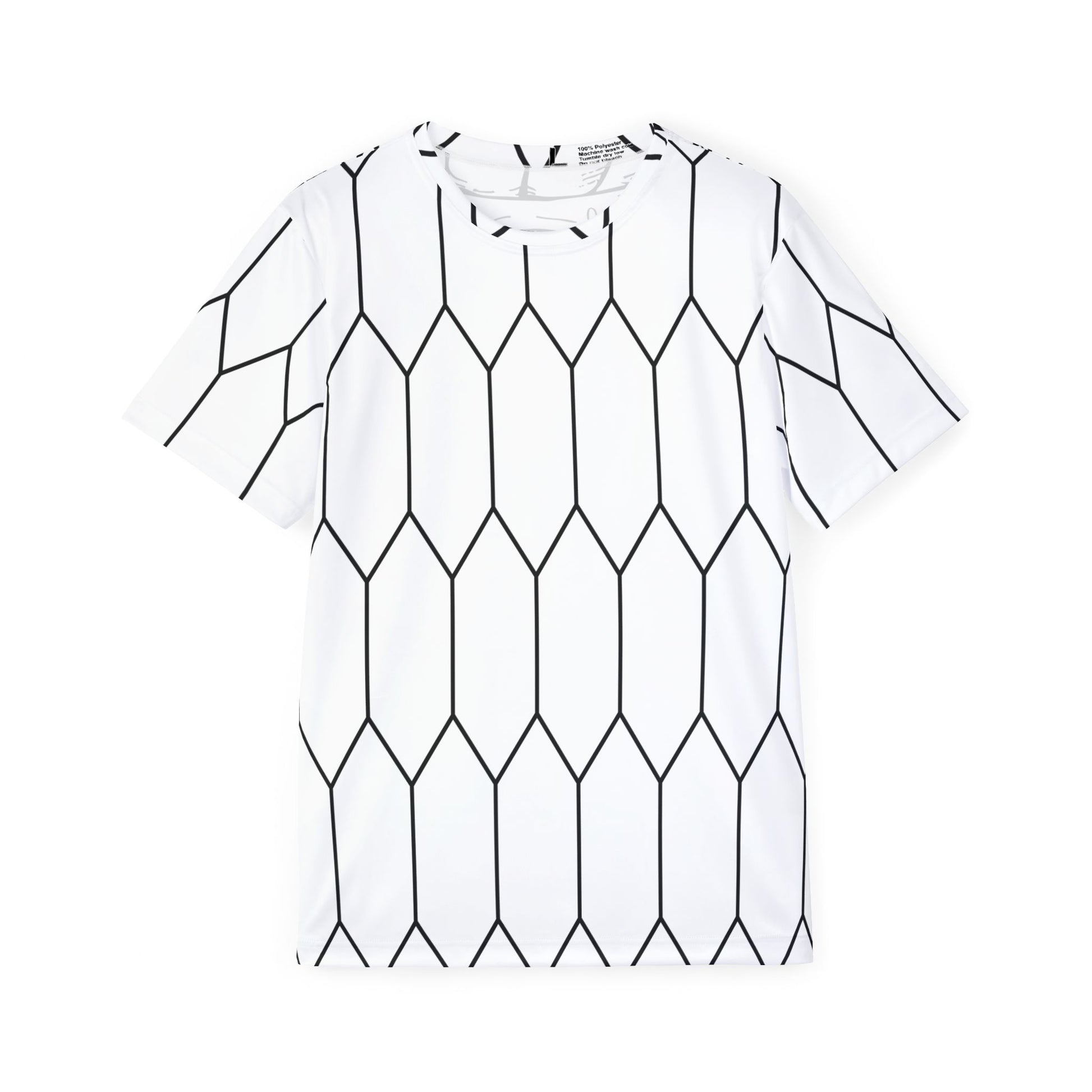 10 Tails Men's Sports Jersey white with black geometric pattern made of moisture-wicking polyester fabric.
