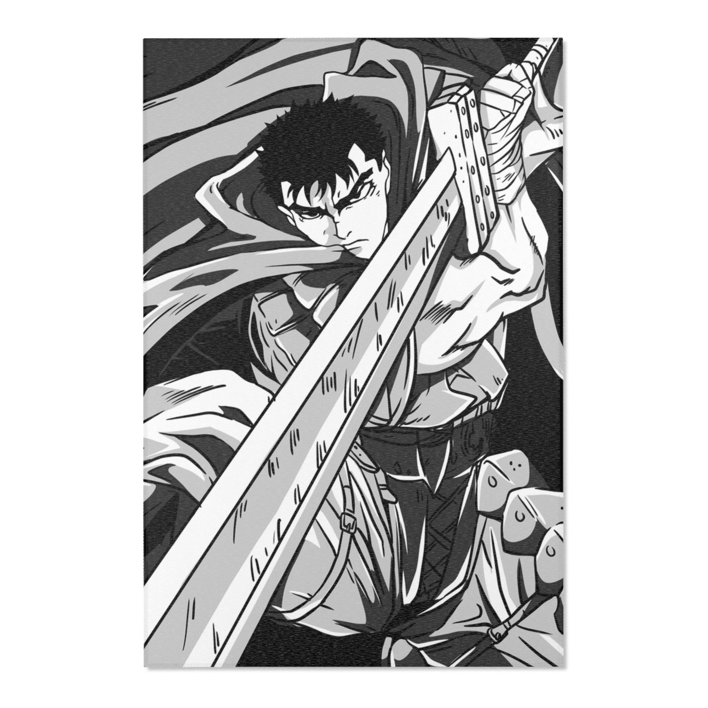 An area rug with a monochrome design featuring a character wielding a sword.