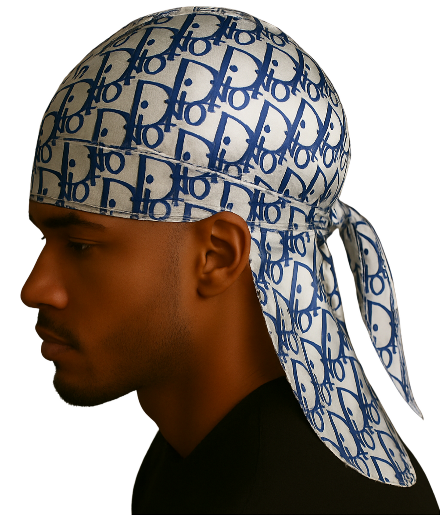 Person wearing a blue and white Dior headscarf on a white background