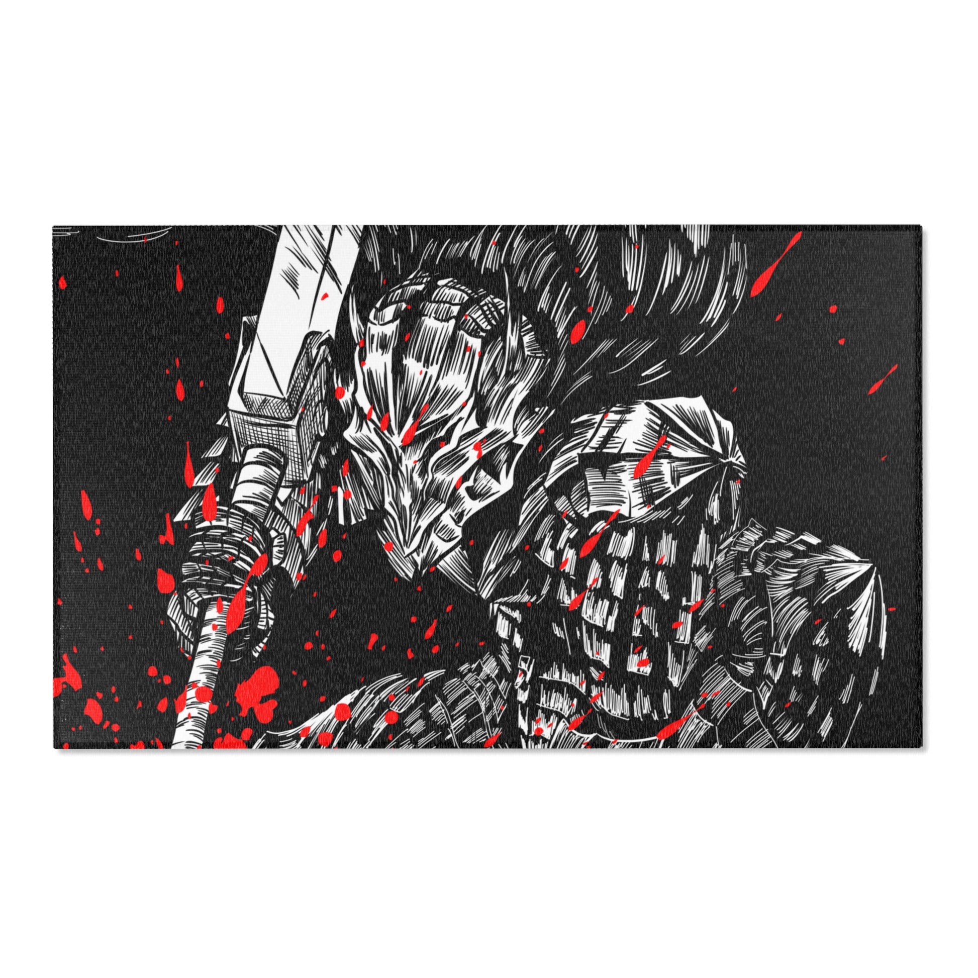 A area rug with a graphic design featuring a stylized, aggressive character in black and gray with red accents.