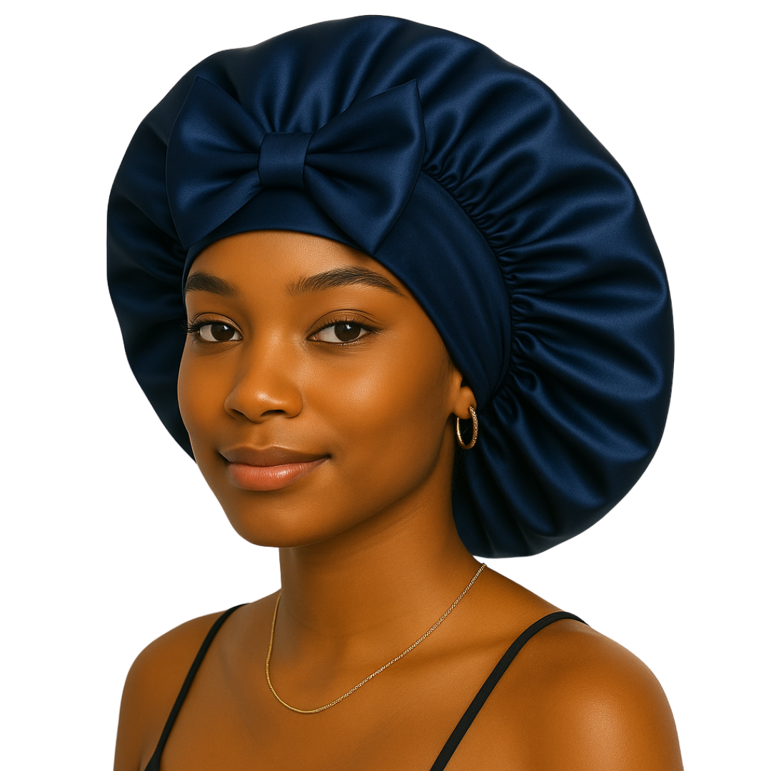 Navy Blue Regular Silk Satin With Elastic Tie Bonnet