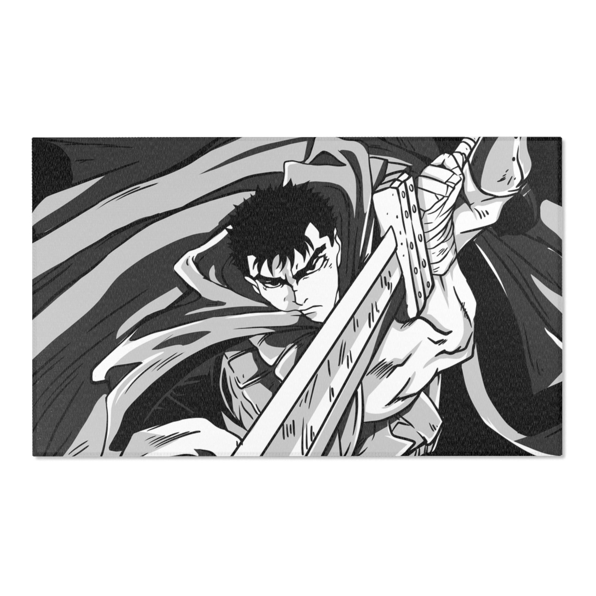 An area rug with a monochrome design featuring a character wielding a sword.