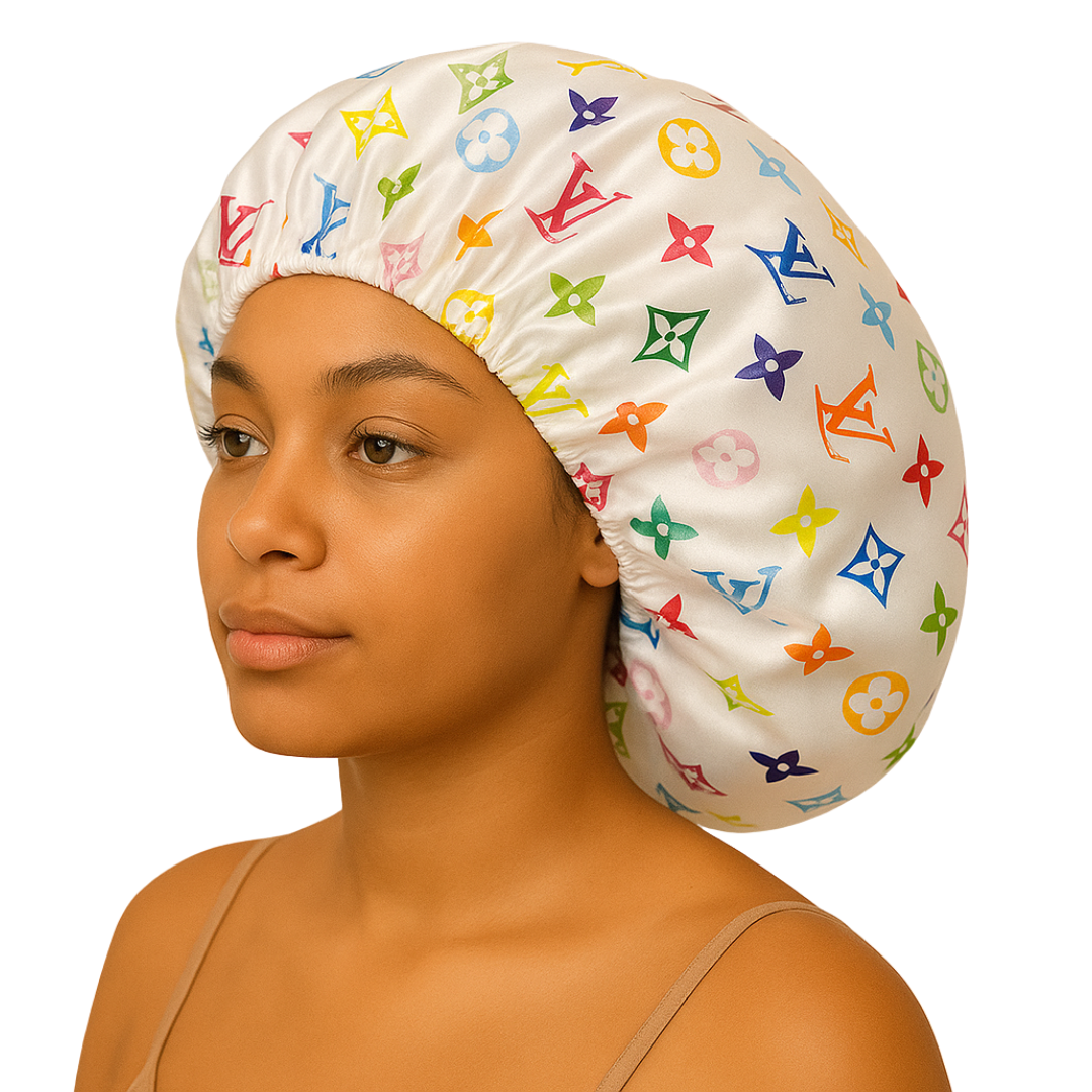 Woman wearing a colorful shower cap with a white background