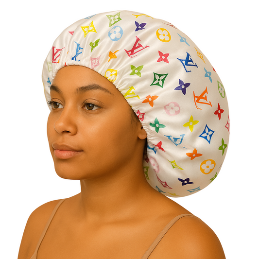 Woman wearing a colorful shower cap with a white background