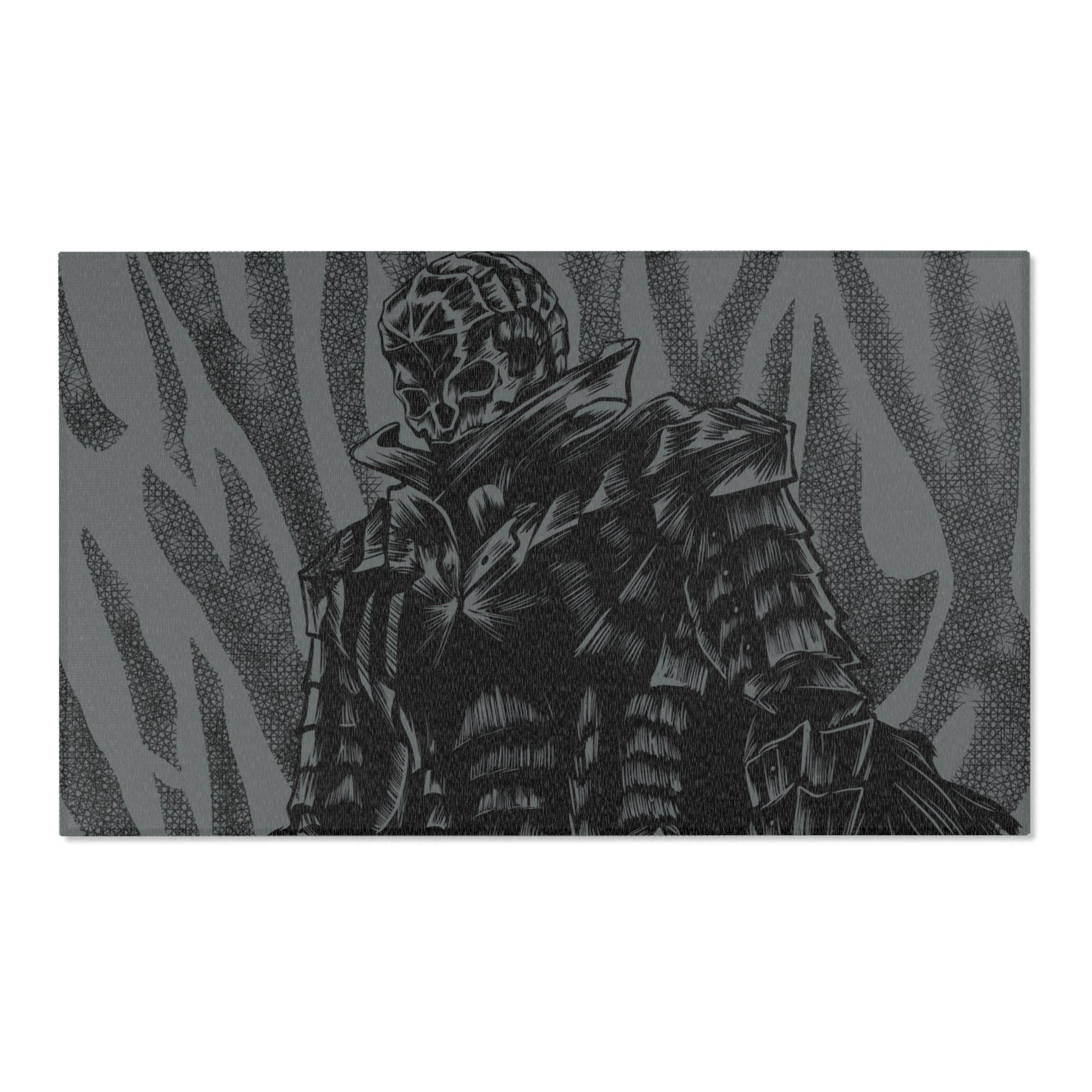 A rectangular area rug with a monochrome design featuring a character in armor standing amidst flames.