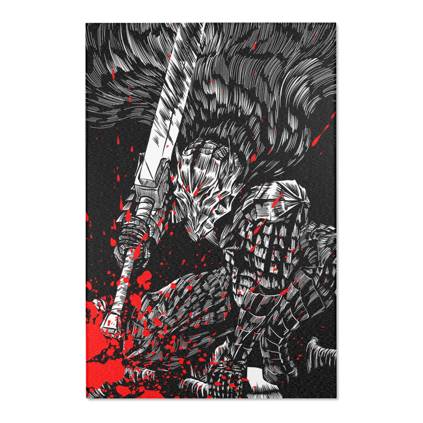 A area rug with a graphic design featuring a stylized, aggressive character in black and gray with red accents.