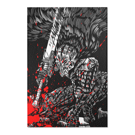 A area rug with a graphic design featuring a stylized, aggressive character in black and gray with red accents.