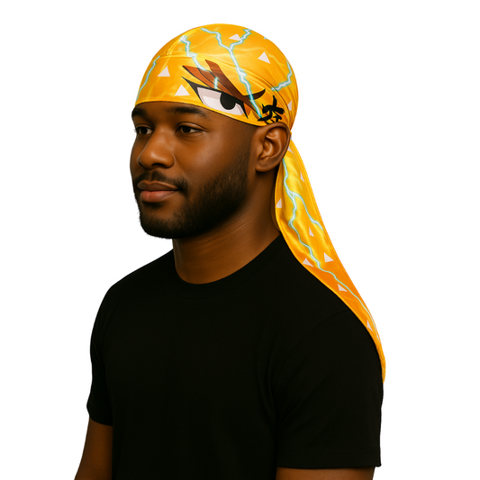 Man wearing a bright yellow Thunderzen - Silky Crown Durag with lightning and eye design on white background.