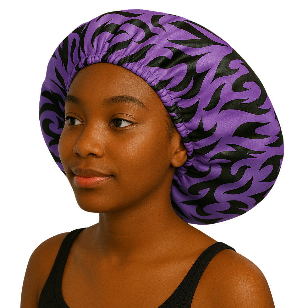 Young woman wearing a purple and black patterned Cursed Mark - Silky Bonnet for hair care and protection.