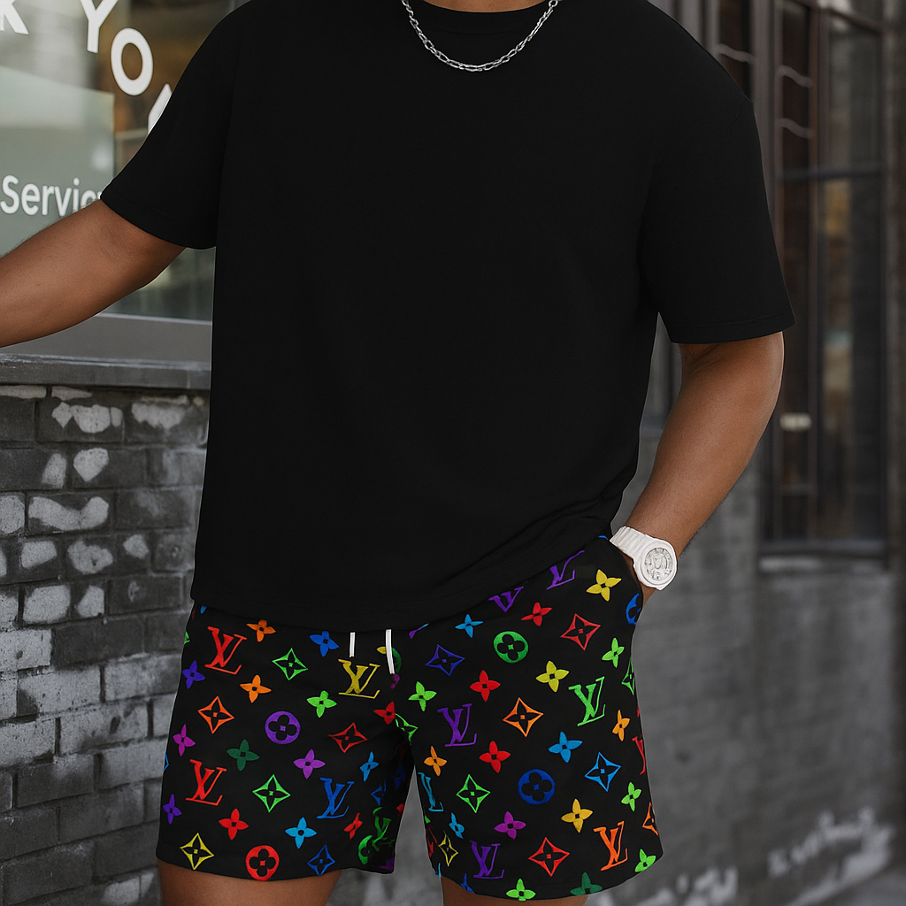 Black Multicolor LLV Design Shorts