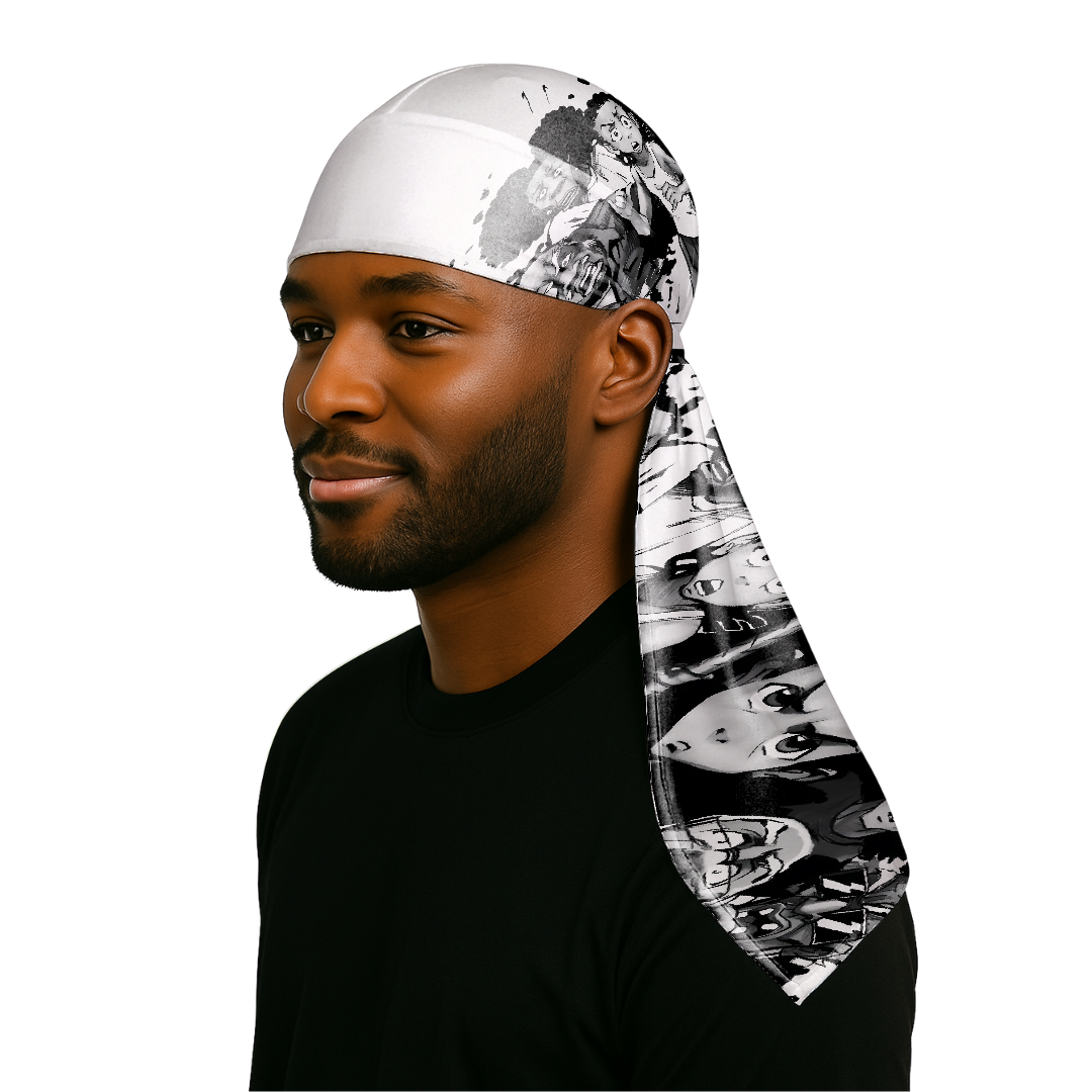 Man wearing White Huey - Silky Crown Durag with black and white anime print on a white background