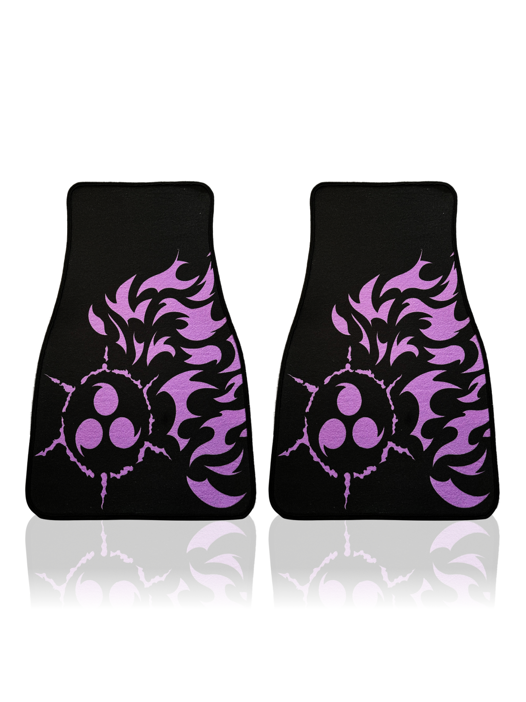 Anime Car Carpet Mat 2pcs Set Black CursedMark with durable polyester and anti-skid backing for car floor protection.