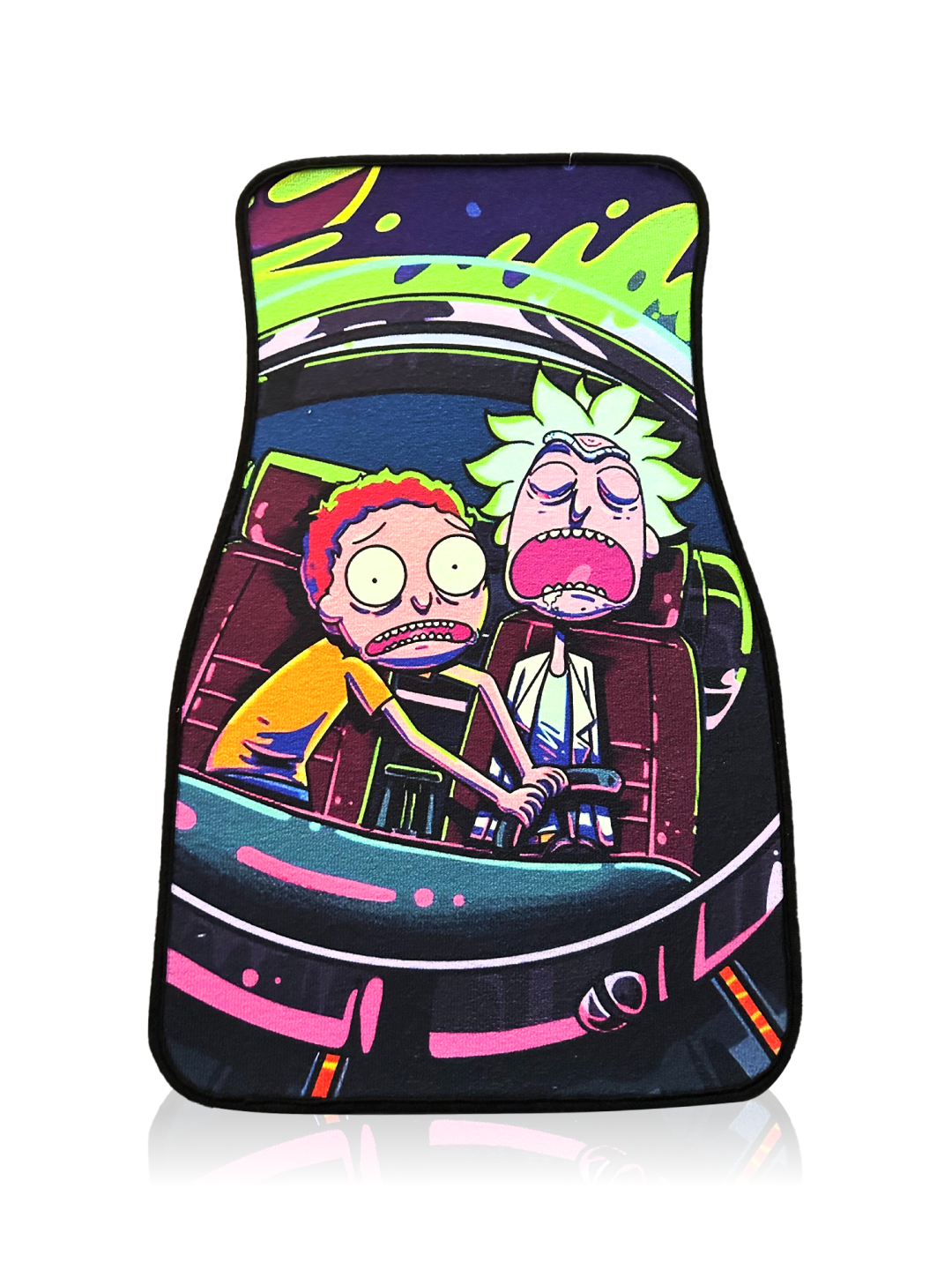 Anime Car Carpet Mat 1pc - Pink Ricky featuring colorful cartoon characters in a car, durable with anti-slip backing.